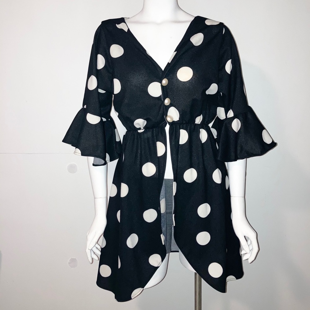 BCBC long sleeve high low polka dot blouse
